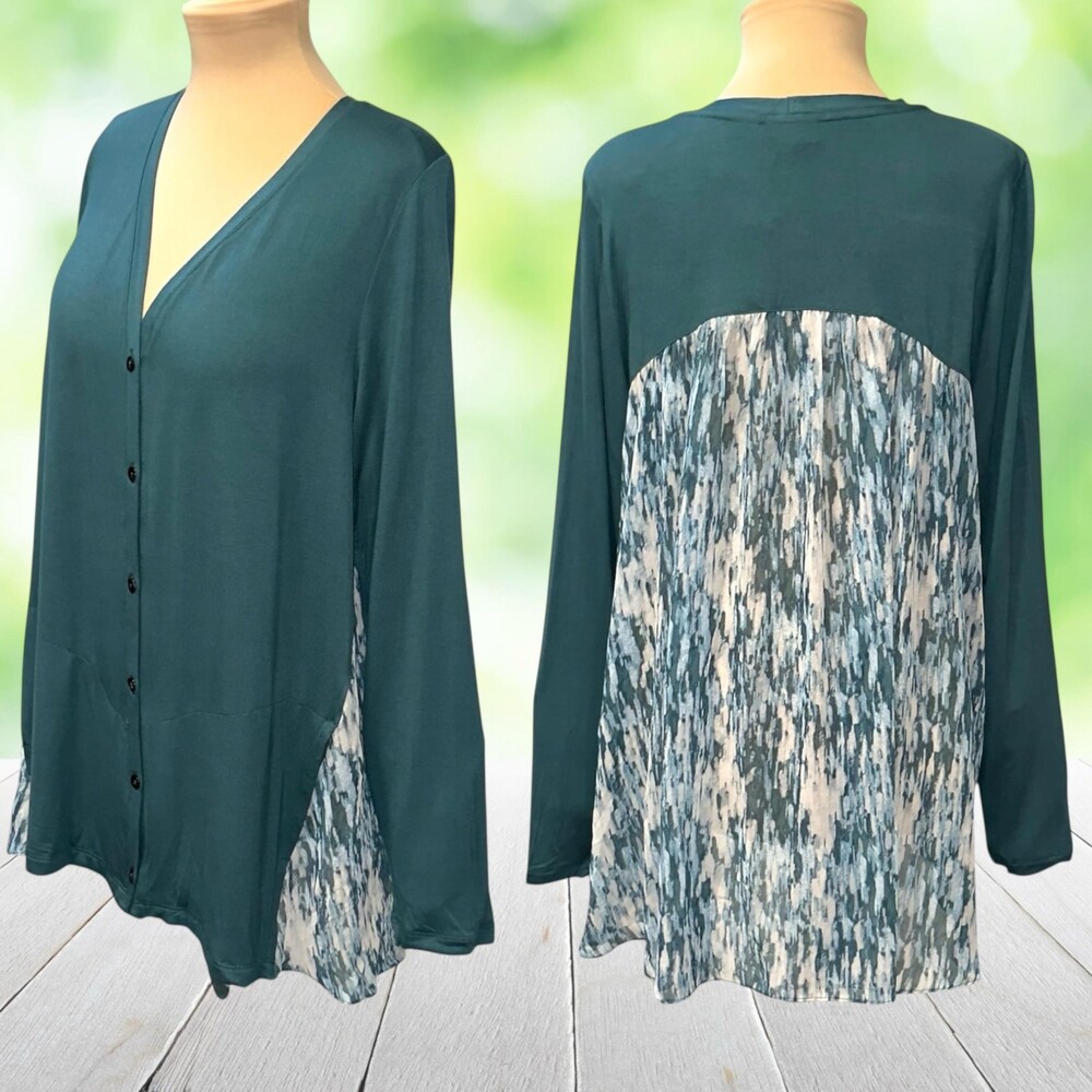 LOGO LORI GOLDSTEIN Mixed Media Cardigan Chiffon Back Brushstroke Teal Size L